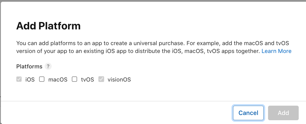 Add visionOS platform to an existing app store configuration